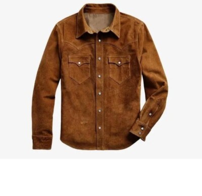 Chemise Type Western Homme En Agneau Velours Marron Et Cuir D Agneau Marron Modele Time