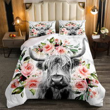 Highland Cow Flower Comforter Set Queen Size Bull Cattle Bedding Set Western Fun