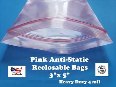 3'' x 5'' Anti Static Pink 4 Mil Zip Seal HEAVY-DUTY Reclosable Top Lock Bags 4mil