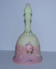 Fenton for QVC Mirror and Rose Bell Burmese Satin Yellow Pink HP Flowers GLOWS