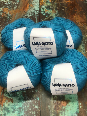 Lot of 5 Lana Gatto Teal Super Soft Merino Wool Yarn 50g/125m Each #14607