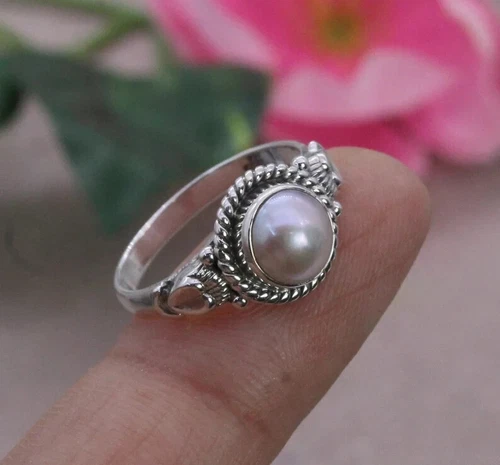 Pearl 925 Sterling Silver Band Ring Statement Ring Handmade Ring  All size