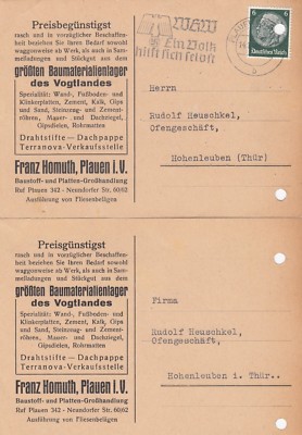 PLAUEN, 2 x Postkarte 1939, Franz Homuth Baustoff-Platten-Grosshandlung 