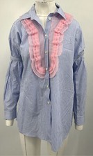 Prada STAINED Blue/White Striped 'Jabot' Cotton Ruffle Bib Shirt sz 38
