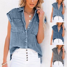 Women Casual Solid Denim Turndown Collar Splice Sleeveless Loose Button new