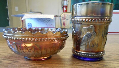 Antique Dugan Glass Stork & Rushes Electric Blue Tumbler & Amethyst Berry Bowl