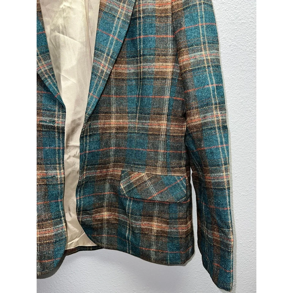 Vintage Smythe Gren Wool Plaid Blazer Brown Blue Jacket Medium USA Made - Image 3 of 4