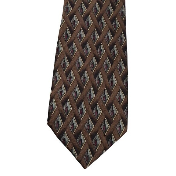 Silk Neck Tie Brown Geometric Patterned Mens Clas… - image 1