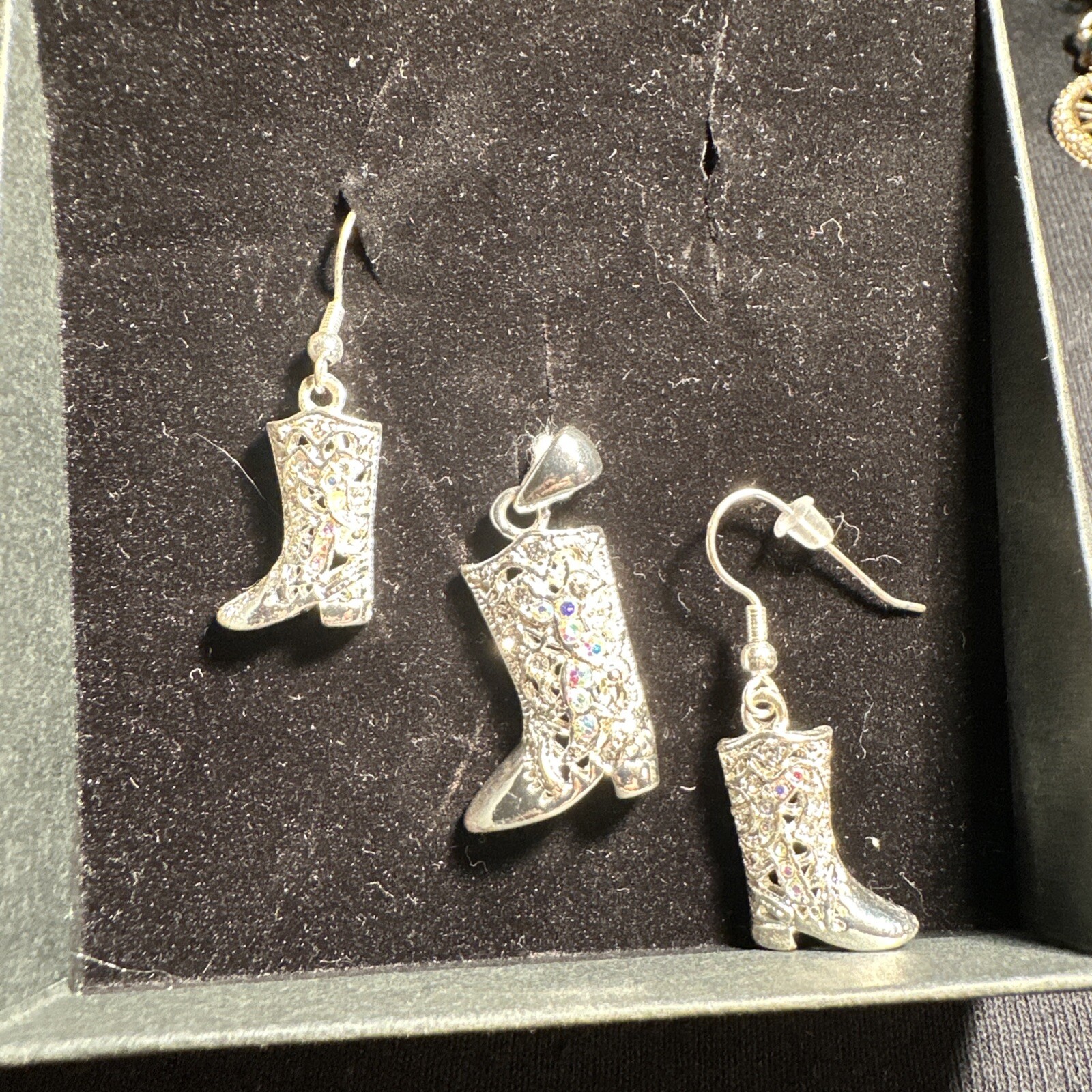 Cowboy Boot Earrings And Charm Silver Tone 1.5 Inches Long