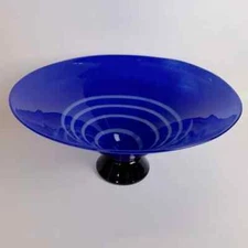 Hand Blown Cobalt Blue Swirled Glass Footed Bowl Dish Decor Art