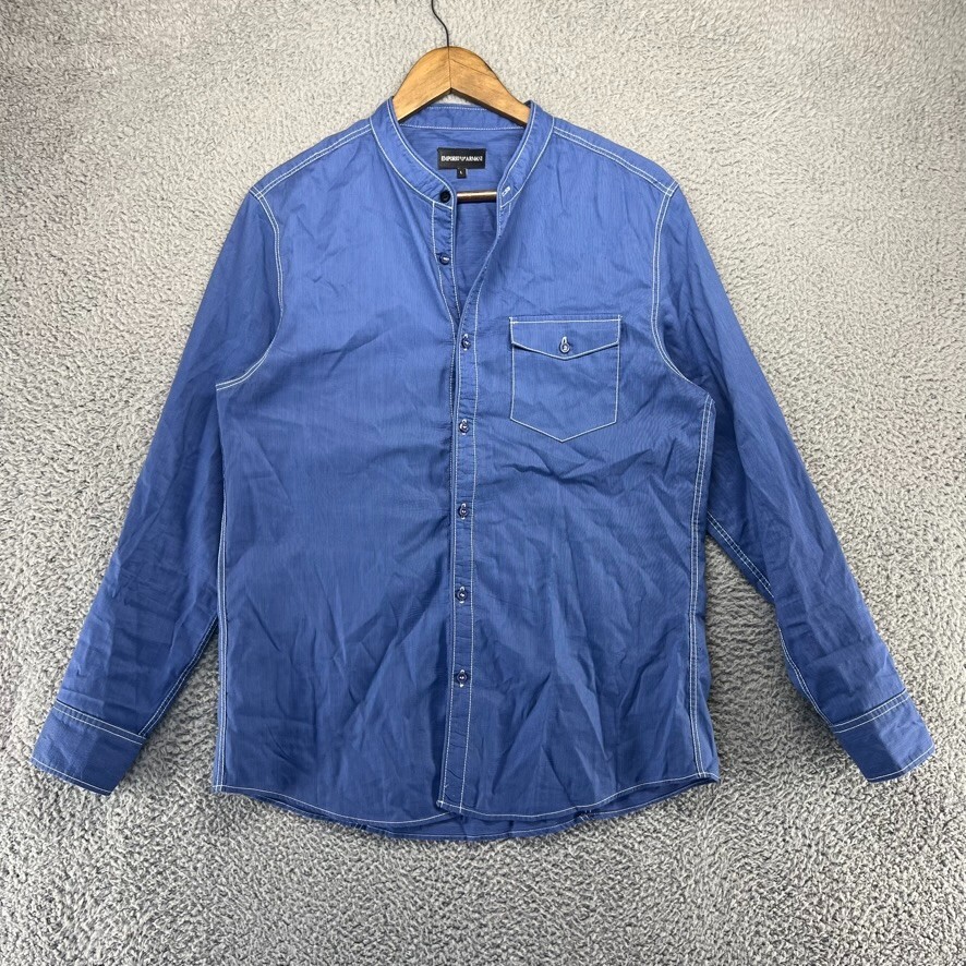 Emporio Armani Shirt Men s Large Blue M Collarless Button Up Pockets Casual