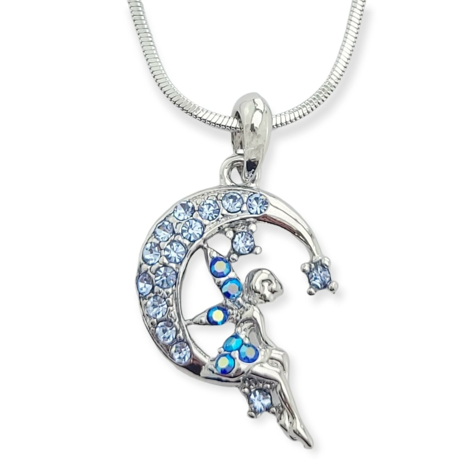 Tinkerbell Fairy Necklace with Swarovski Crystal Moon Blue Pendant Charm