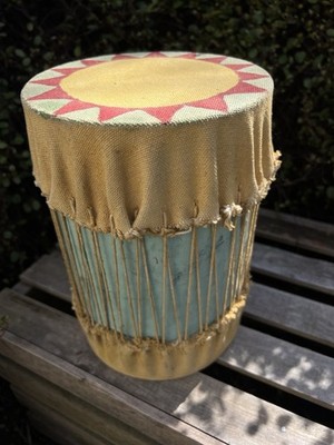 VTG Hand Drum 9  Tall Rope Tension Canvas Head Sun Design Boho Folk Decor