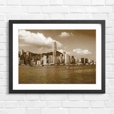 Hong Kong Skyline Harbor Cityscape Sepia Framed Wall Art Print Large Picture