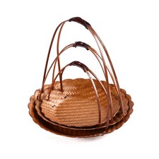 3 Pieces Bamboo Basket with Arched Handle Artisanal Woven Basket Tray Rustic
