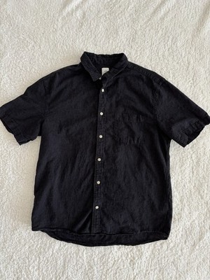 H&M L.O.G.G. Men's Black Linen Cotton Short Sleeve Button-Up Shirt Size L