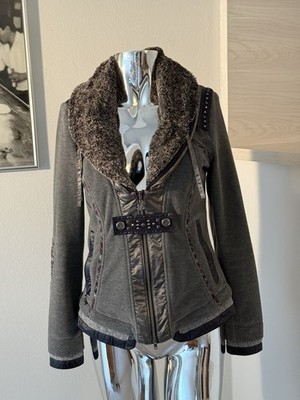 Sportalm Jacke Jacket Mantel FLEECEJACKE Grau Fell GR S 36 tailliert NIETEN edel