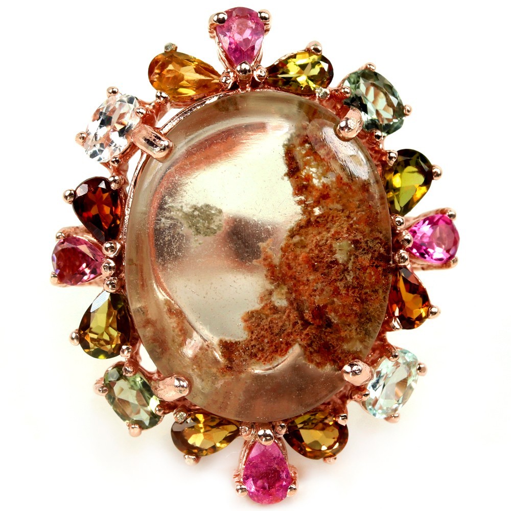 Natural Aaa Druzy Quartz & Multi Color Tourmaline Sterling 925 Silver Ring 7.75