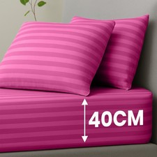 3 Piece Set Stripe Fitted Sheet 40CM with Free Pillowcases Pair Complete Bed Set