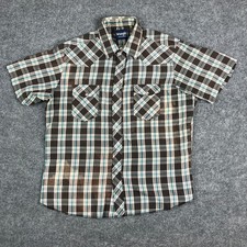 Wrangler Western Shirt Mens Size XL Brown Plaid Pearl Snap Short Sleeve Rodeo