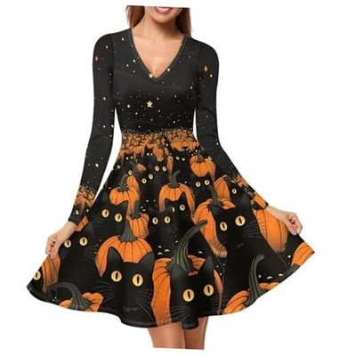 Womens V Neck Dress Summer Fall Elegant Long Sleeve Flowy Large Pumpkin Cat