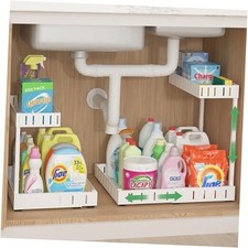 Under Sink Organizer, 2 Tier Expandable Under Cabinet Organizer, 2 Pack White