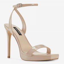 Nine West Size 6 Beige Patent Leatherette Ankle Strap Stiletto Heels Zadie