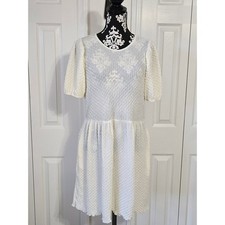 Culture Code Textured Puff Sleeve Drop Waist Midi Dress Cream M