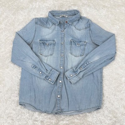 MNG Mango Men's S Small Denim Chambray LS Top Pearl Snap Casual