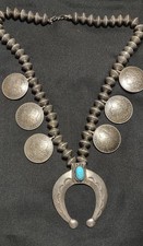 Vintage Navajo Morgan Silver Dollar Coin Squash Blossom Necklace Turquoise Naja