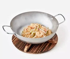 12" zem Carbon Steel Flat Bottom Wok w/ Convertible Wood Trivet Lid for Serving