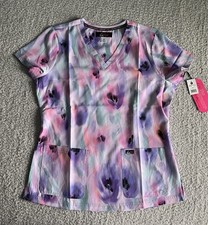 Koi Lite Scrub Top Women  s Sz Medium Purple Flower Lavender Stretch Nursing