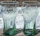 Coca-Cola Clear Green Tinted Glass Collectible Vintage Glasses Set 3D Logo Coke