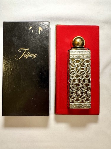Vintage Tiffany Perfume by Louangel Glass Bottle Metal Filigree Wrap & Box Empty