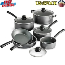 PrimaWare 10-Piece Nonstick Cookware Set Gray Glass Lids Dishwasher Safe New