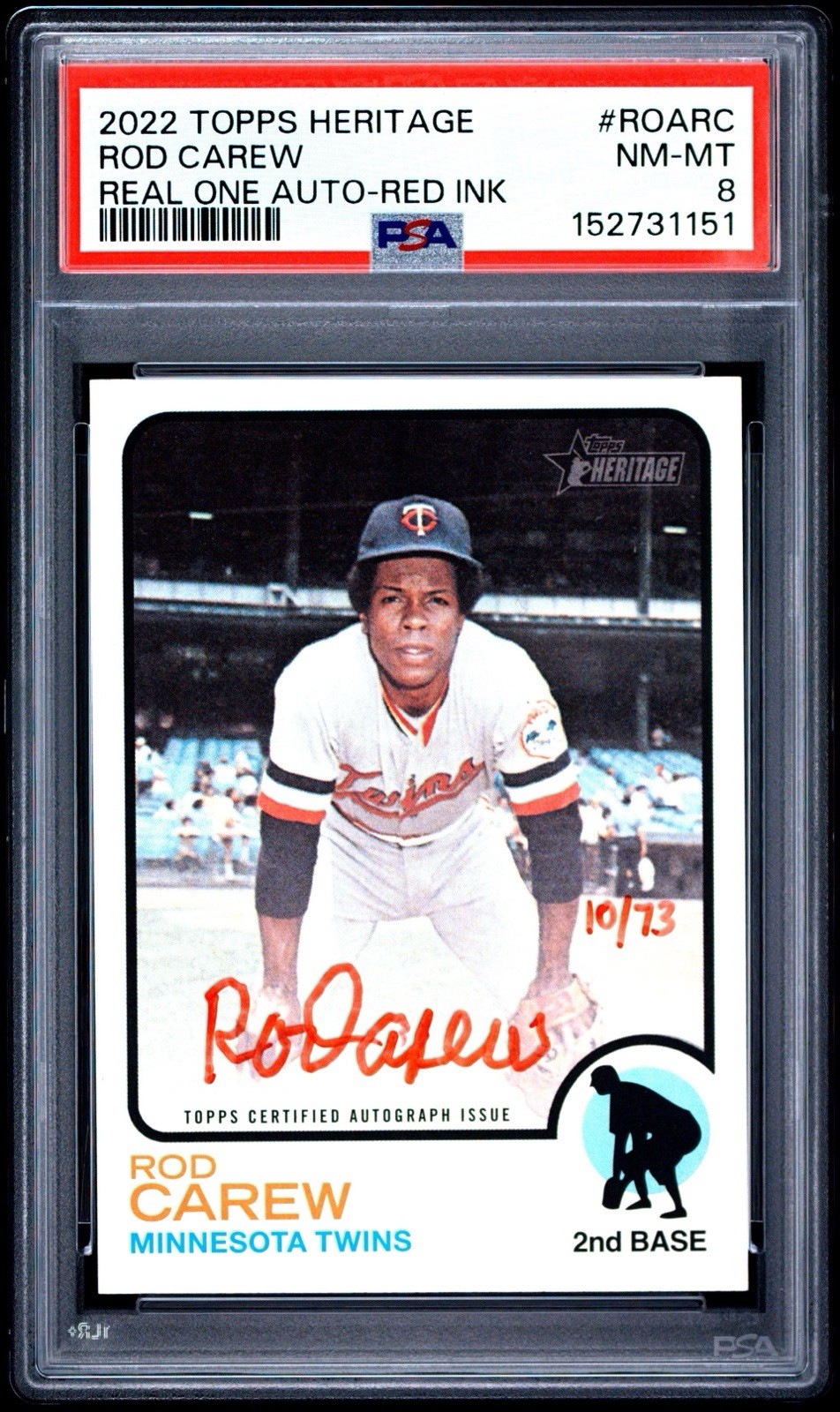 ROD CAREW 2022 Topps Real One Auto #ROARC Special Edition Red Ink #/73 PSA 8 HOF