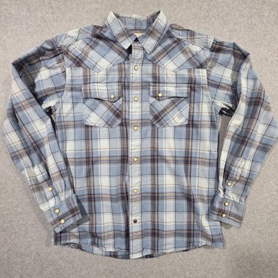 Ariat Pear Snap Mens M Medium Retro Fitted Blue Collard Plaid Long Sleeve Shirt
