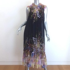 Zimmermann Sleeveless Shirred Maxi Dress Black Floral Print Chiffon Size 0