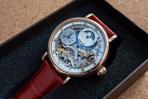 Mens Rose Gold Dual Time Skeleton Automatic Mechanical Watch Red Leather Gift - Picture 11 of 12
