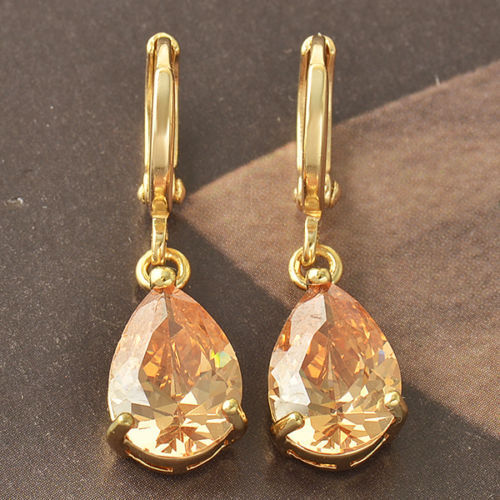 Pretty New Yellow Gold Filled Champagne CZ Pear Shaped Teardrop Dangle Earrings - Picture 1 of 3
