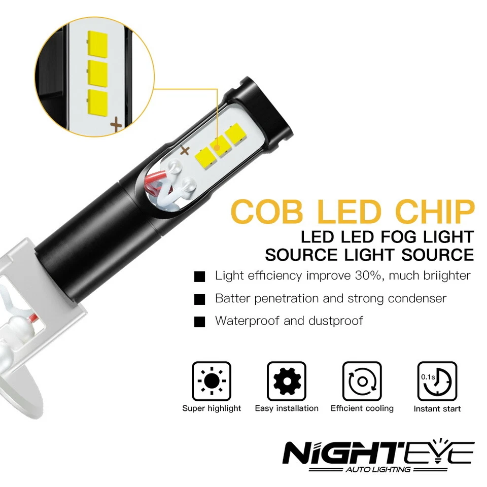 NIGHTEYE 160W H1 LED Fog Lights Driving DRL Bulbs Kit 6000K Super Bright White 2 - Image 3 of 4