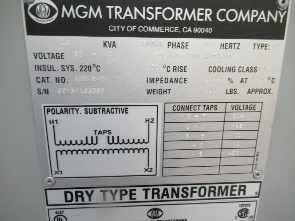MGM AD272-D0111 Transformador (NS) 25 KVA 480 X 2400 Voltios 1 Fase -T1669 Foto 2 de 2