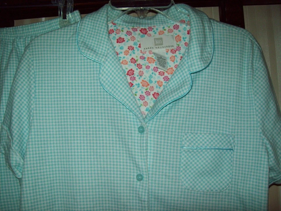 NUEVO CON ETIQUETAS BERMUDAS KAREN NEUBURGER PIJAMA CORTO PJ SET GINGHAM AQUA 59511 M Foto 2 de 4