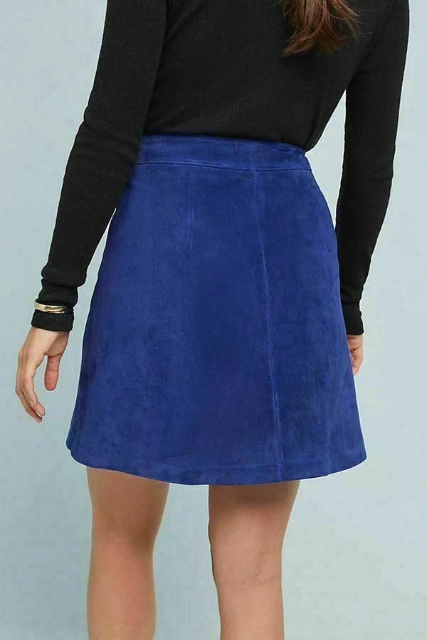 NUEVO CON ETIQUETAS Anthropologie Mini Falda Botón Cuero Gamuza Real Azul 0 Pequeña Retro Años 70 Foto 4 de 4