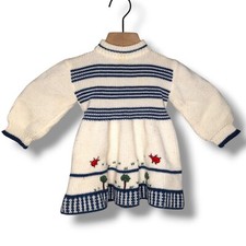 Vintage Handknit White Mockneck Newborn Sweater Dress Trees  Ladybugs