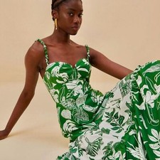 FARM Rio NWT Forest Soul Mix Midi Dress Tropical Green White Tiered Size XL