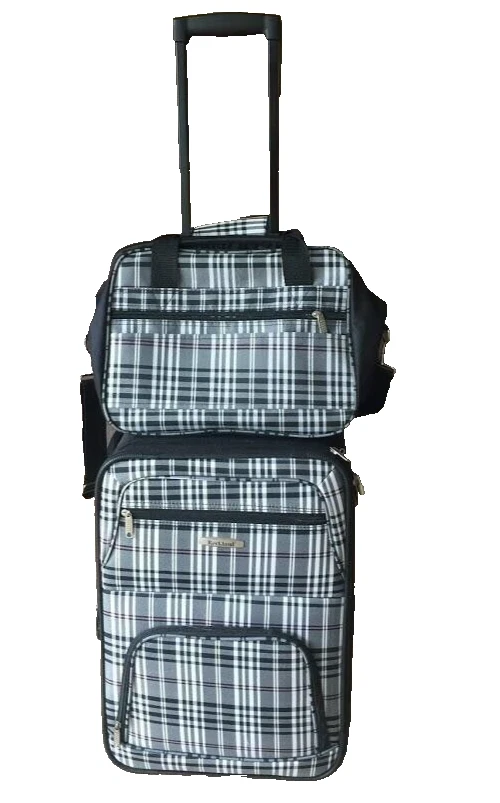Rockland 2 件套可扩展软边行李箱套装随身携带托特包黑色格子 — 第 2/4 张图片