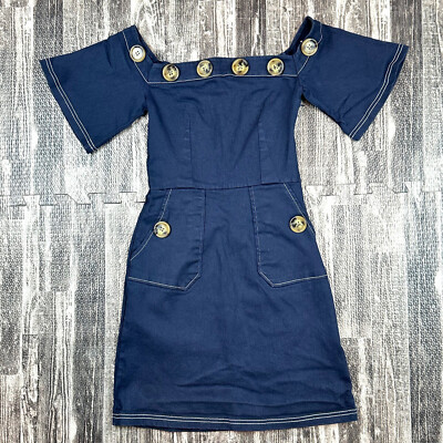 Pixie Market Women's Size XS Big Buttoned Off Shoulder Blue Stretch Mini Dress