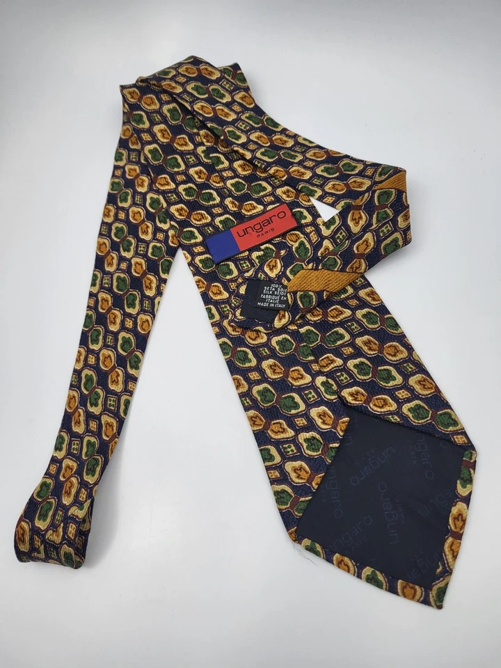 Corbata de seda Ungaro azul dorado verde geométrica para hombre Italia corta 54 x 4 Foto 4 de 4