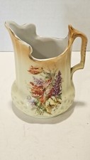 Antique Victorian Era Creamer Salt Glazed Hand Painted Orange Flowers/Lilacs